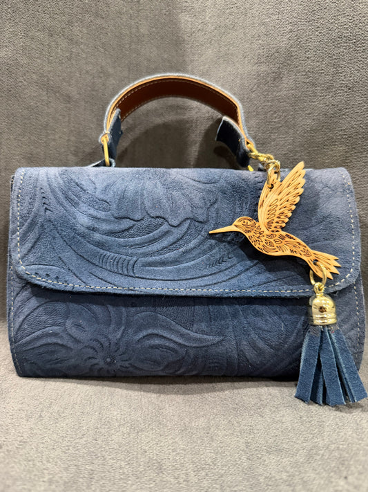 Blue Embossed Handbag with Hummingbird Charm