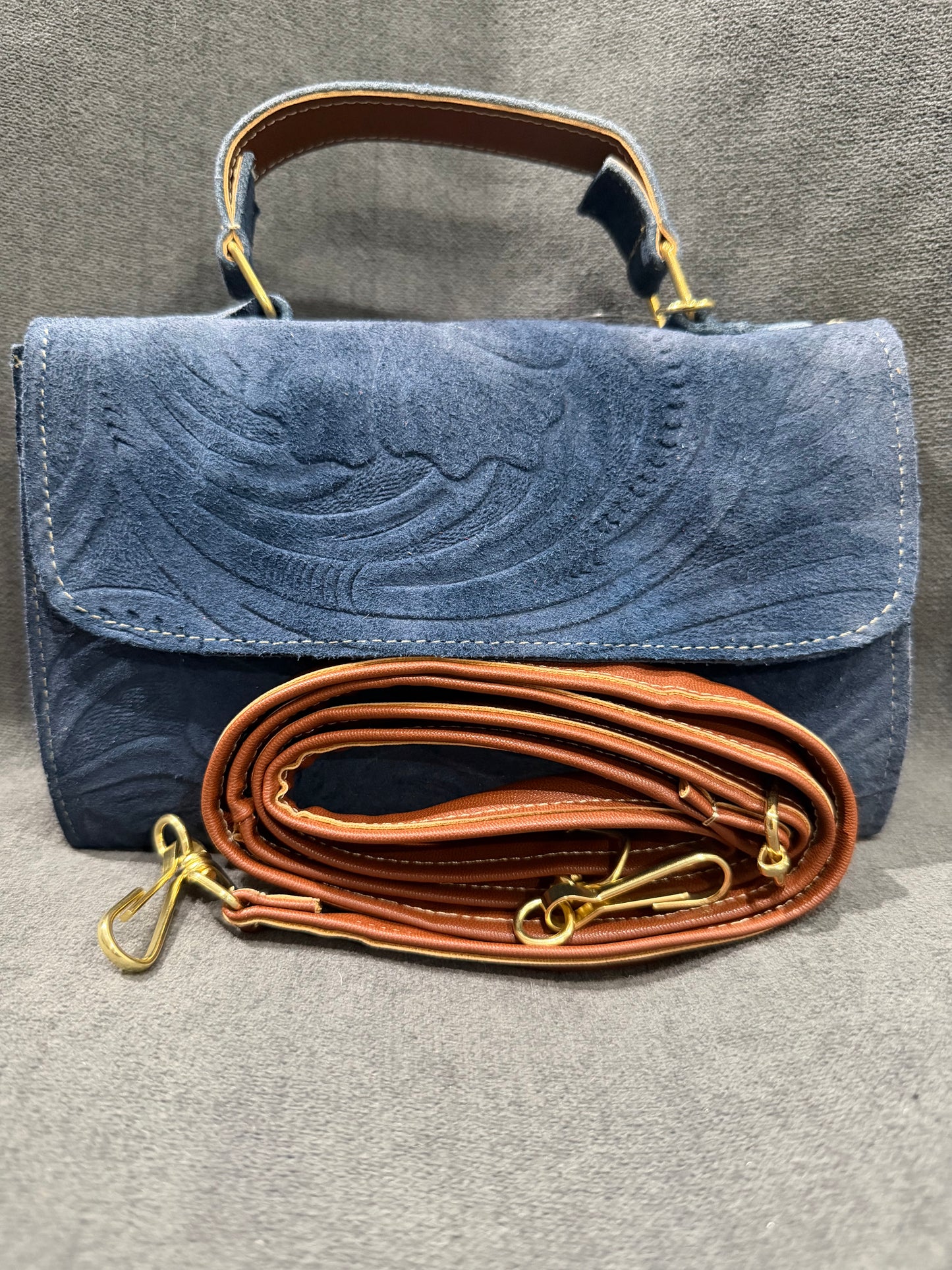 Blue Embossed Handbag with Hummingbird Charm