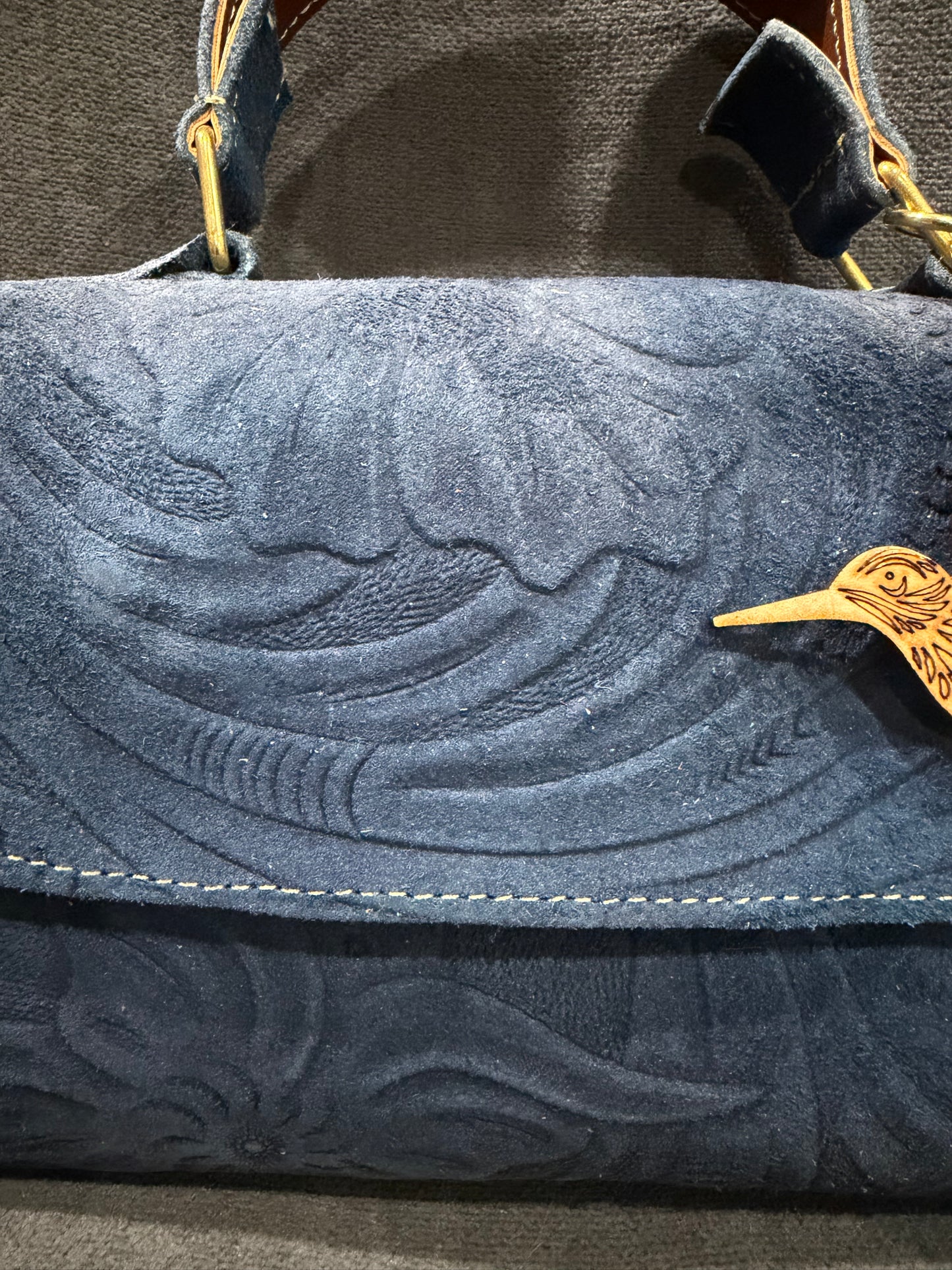 Blue Embossed Handbag with Hummingbird Charm